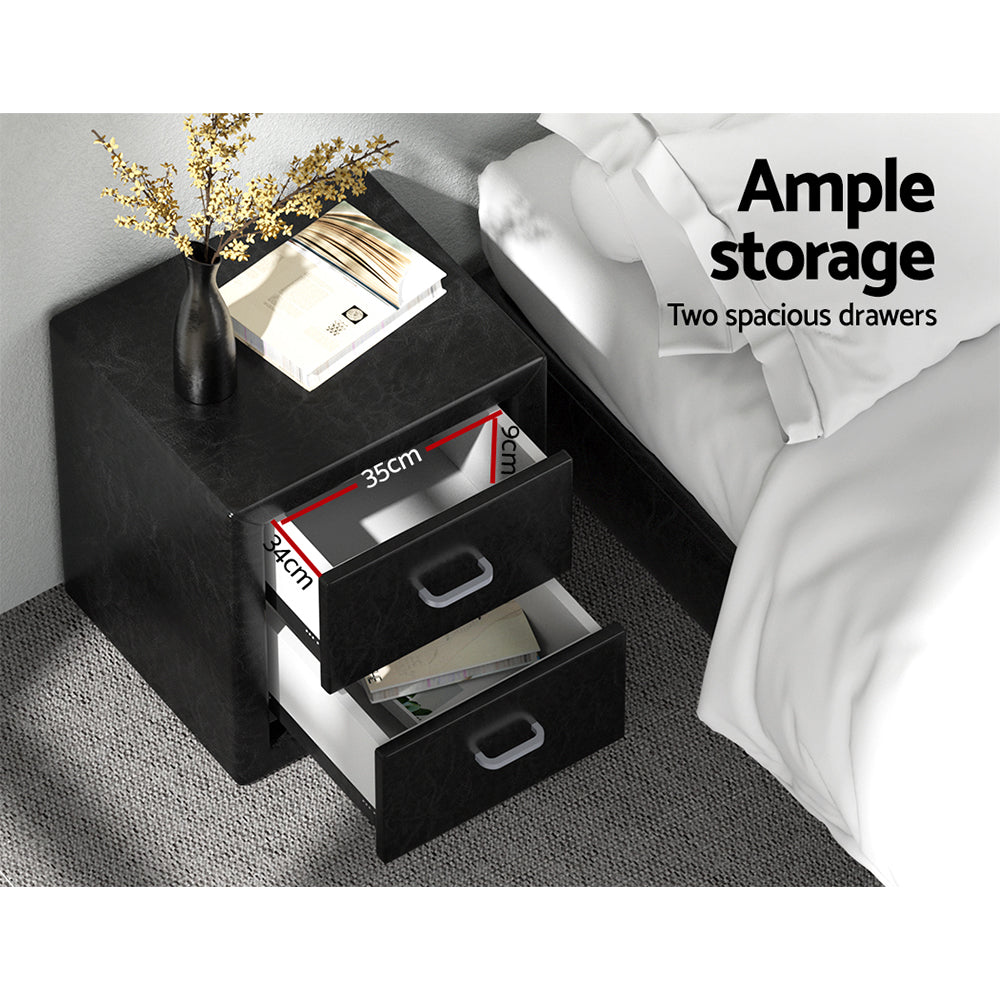 Bedside Table 2 Drawers Side Table Leather - Caden Black
