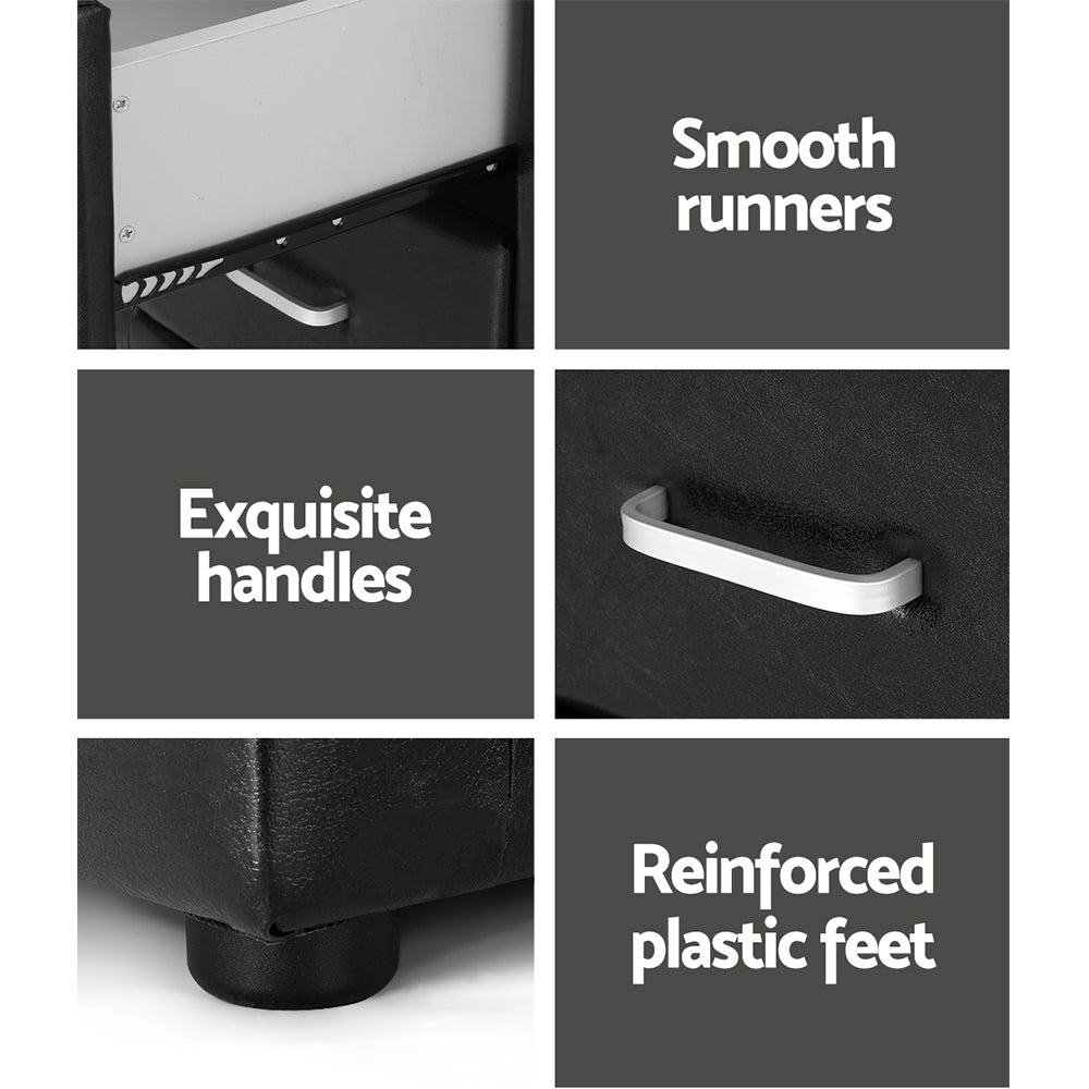 Bedside Table 2 Drawers Side Table Leather - Caden Black