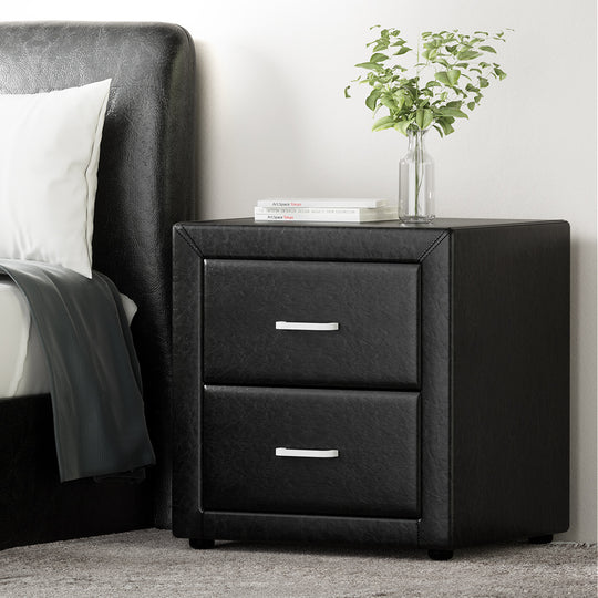 Bedside Table 2 Drawers Side Table Leather - Caden Black - Artiss Pvc Bframe Bside