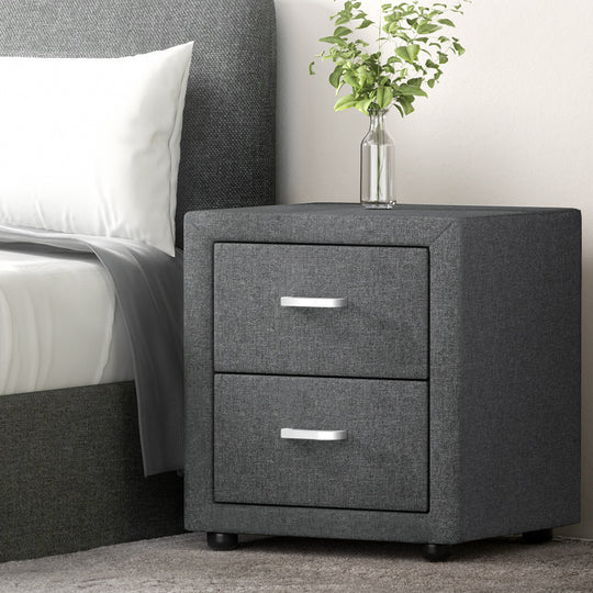 Bedside Table 2 Drawers Fabric - CADEN Grey - Bedside Tables
