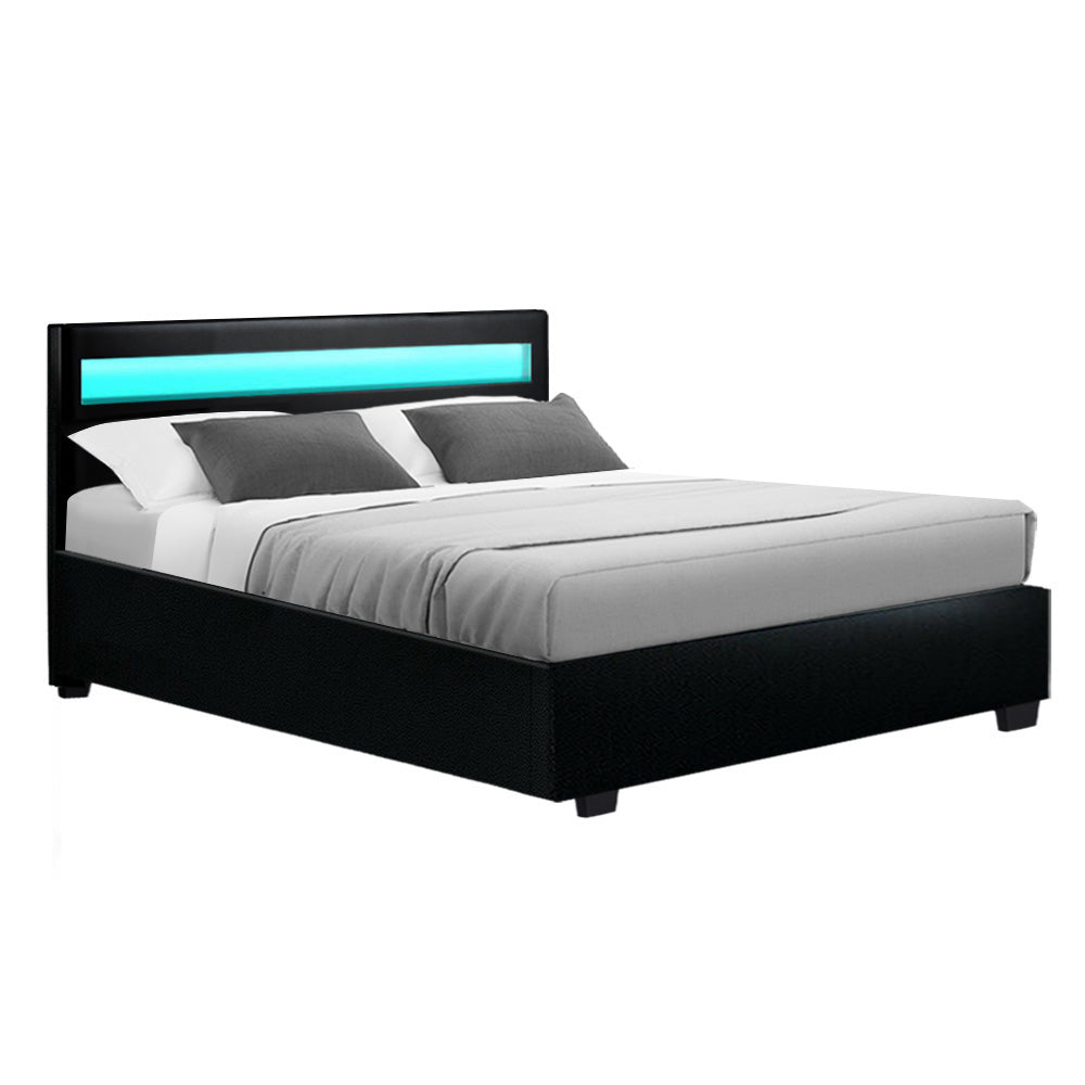 Bed Frame Double Size Led Gas Lift Black Cole