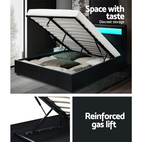 LED Bed Frame Double Full Size Gas Lift Base With Storage Black Leather