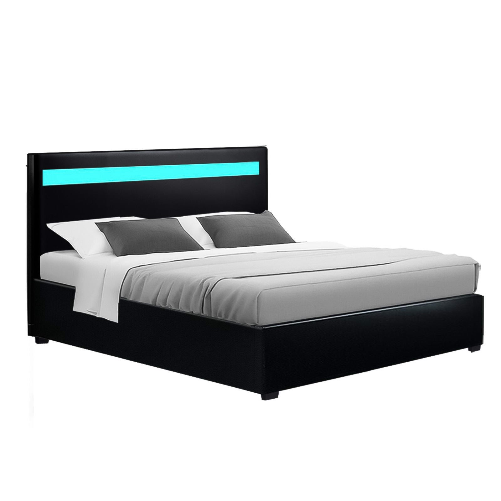 Bed Frame Double Size LED Gas Lift PVC Leather Black