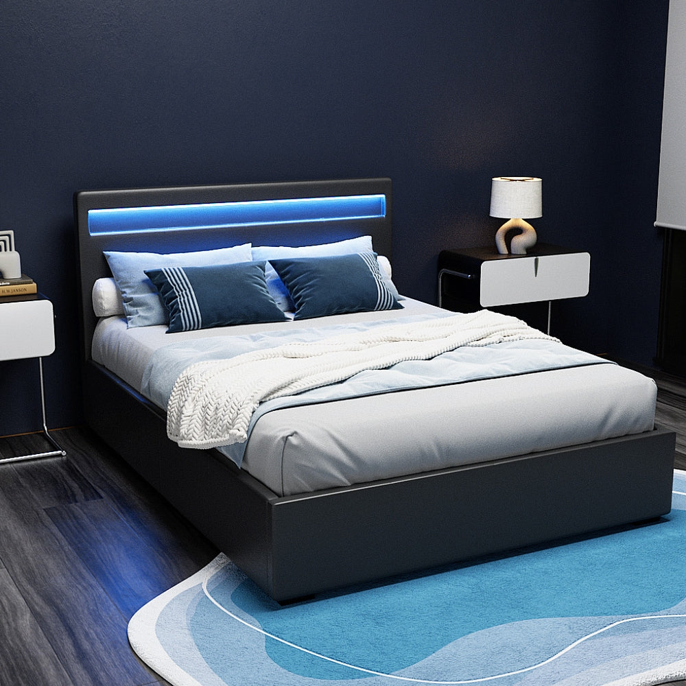 Bed Frame Double Size LED Gas Lift PVC Leather Black