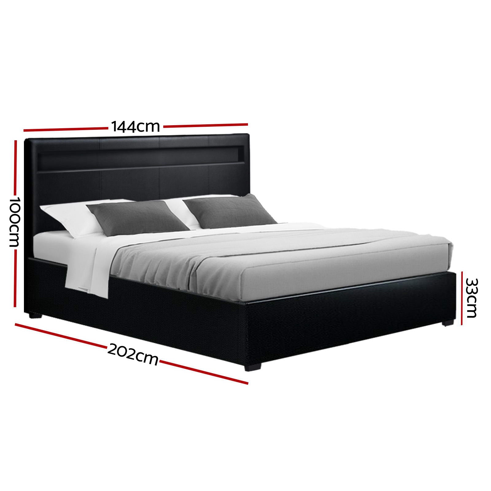 Bed Frame Double Size LED Gas Lift PVC Leather Black