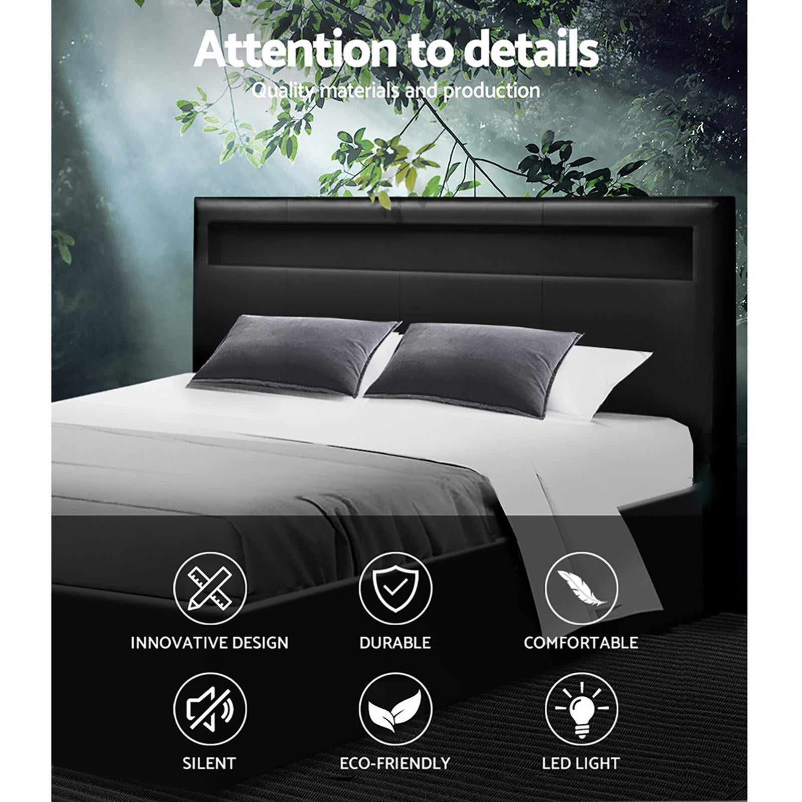 Bed Frame Double Size LED Gas Lift PVC Leather Black