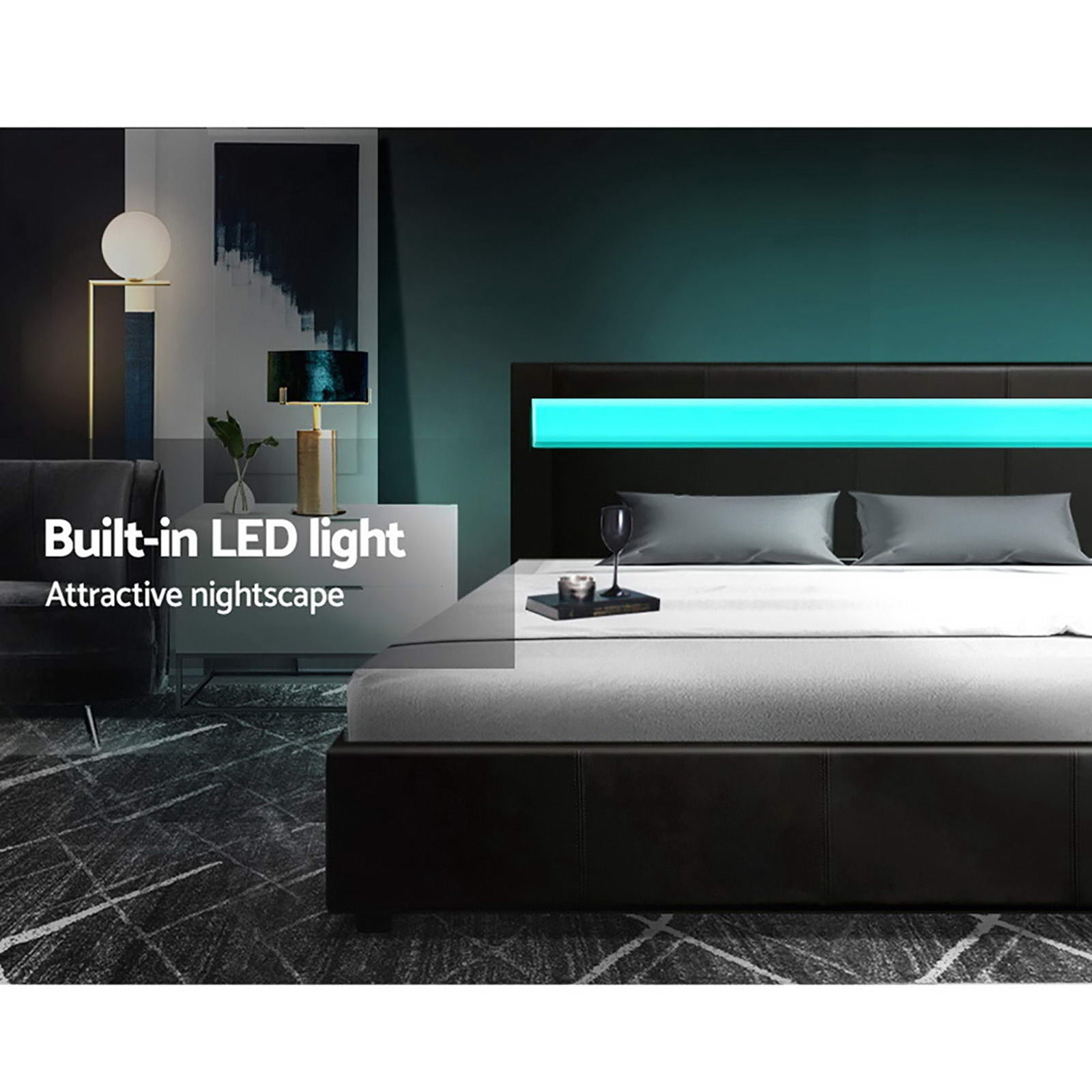 Bed Frame Double Size LED Gas Lift PVC Leather Black
