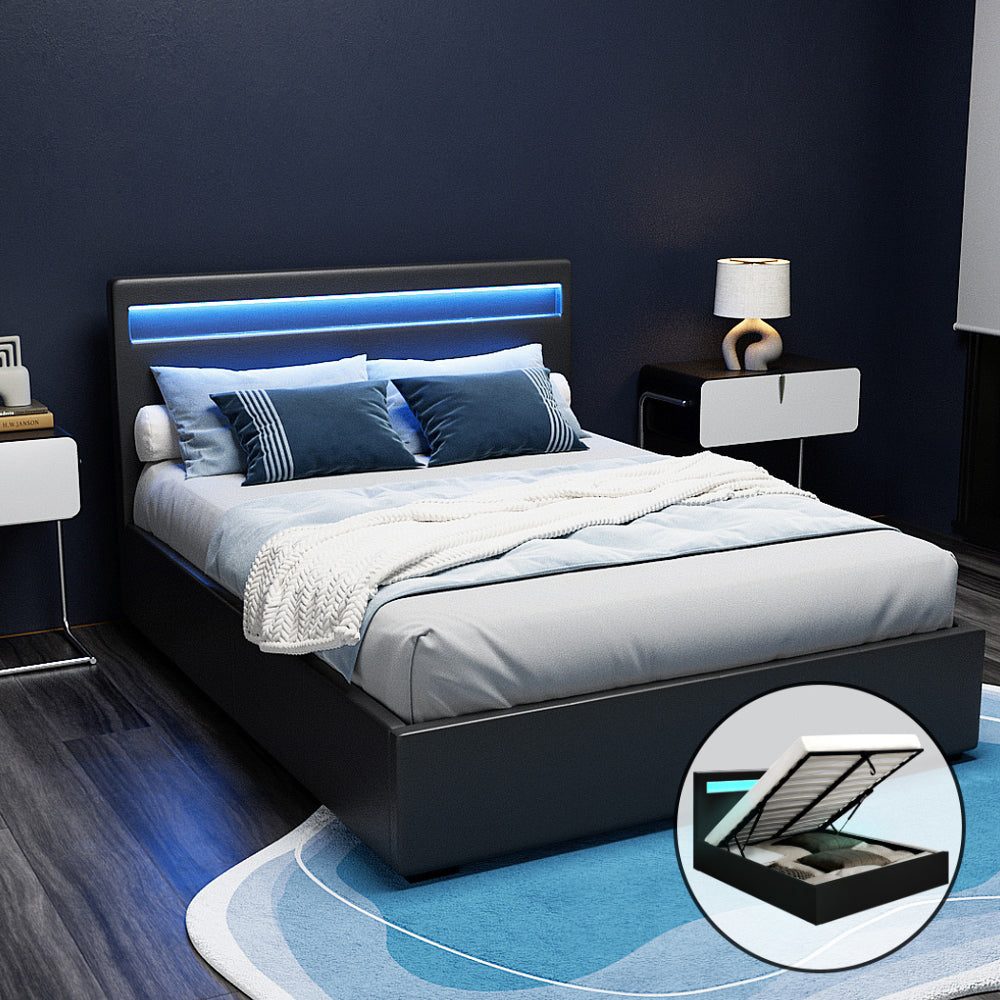 Bed Frame Double Size LED Gas Lift PVC Leather Black
