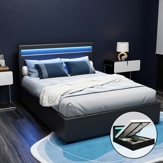 Bed Frame Double Size LED Gas Lift PVC Leather Black - Artiss Full Base Storage