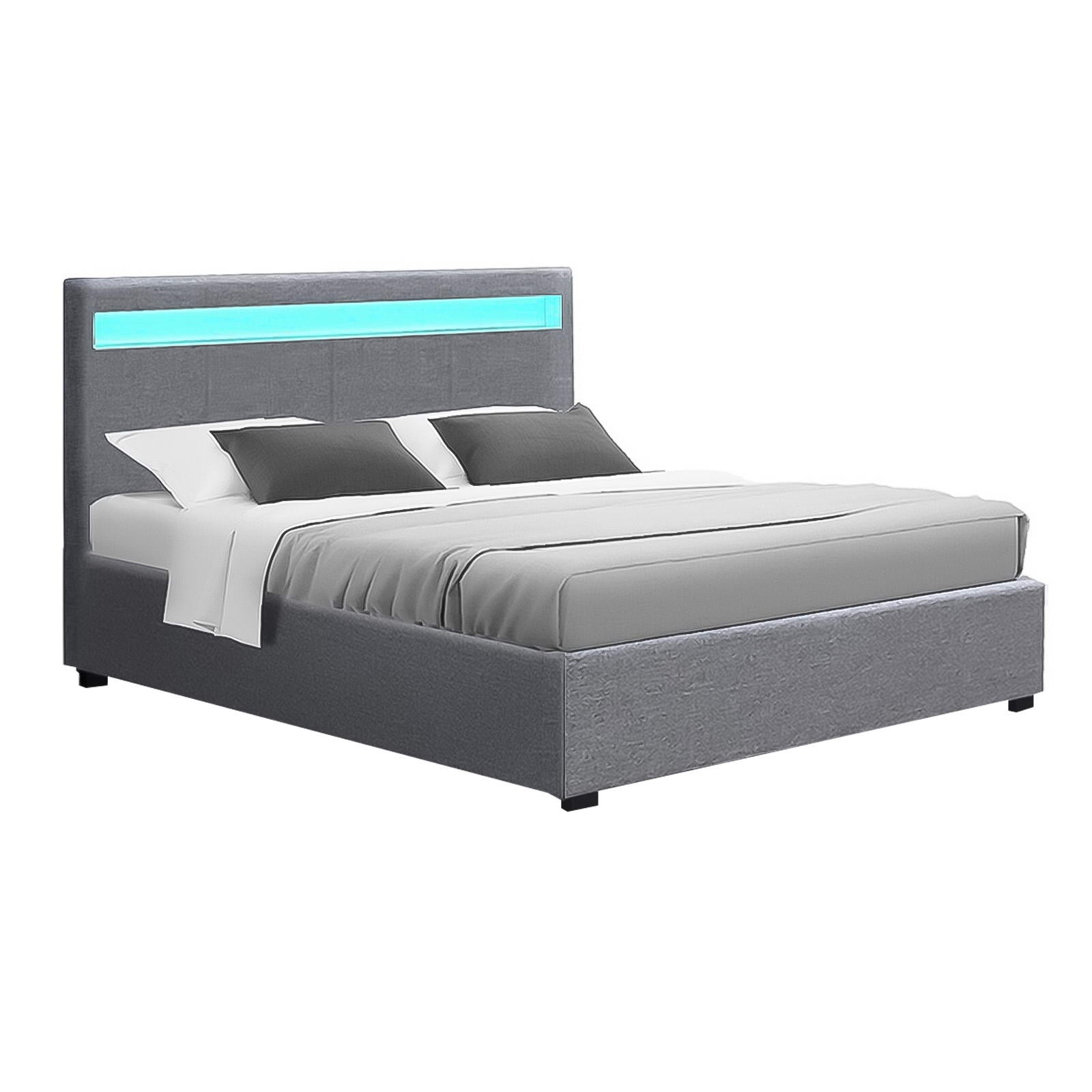 Double LED Gas Lift Storage Bed Frame with Linen Upholstery Grey