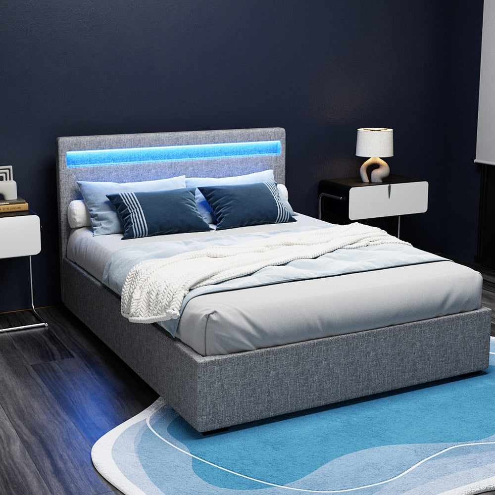 Double LED Gas Lift Storage Bed Frame with Linen Upholstery Grey