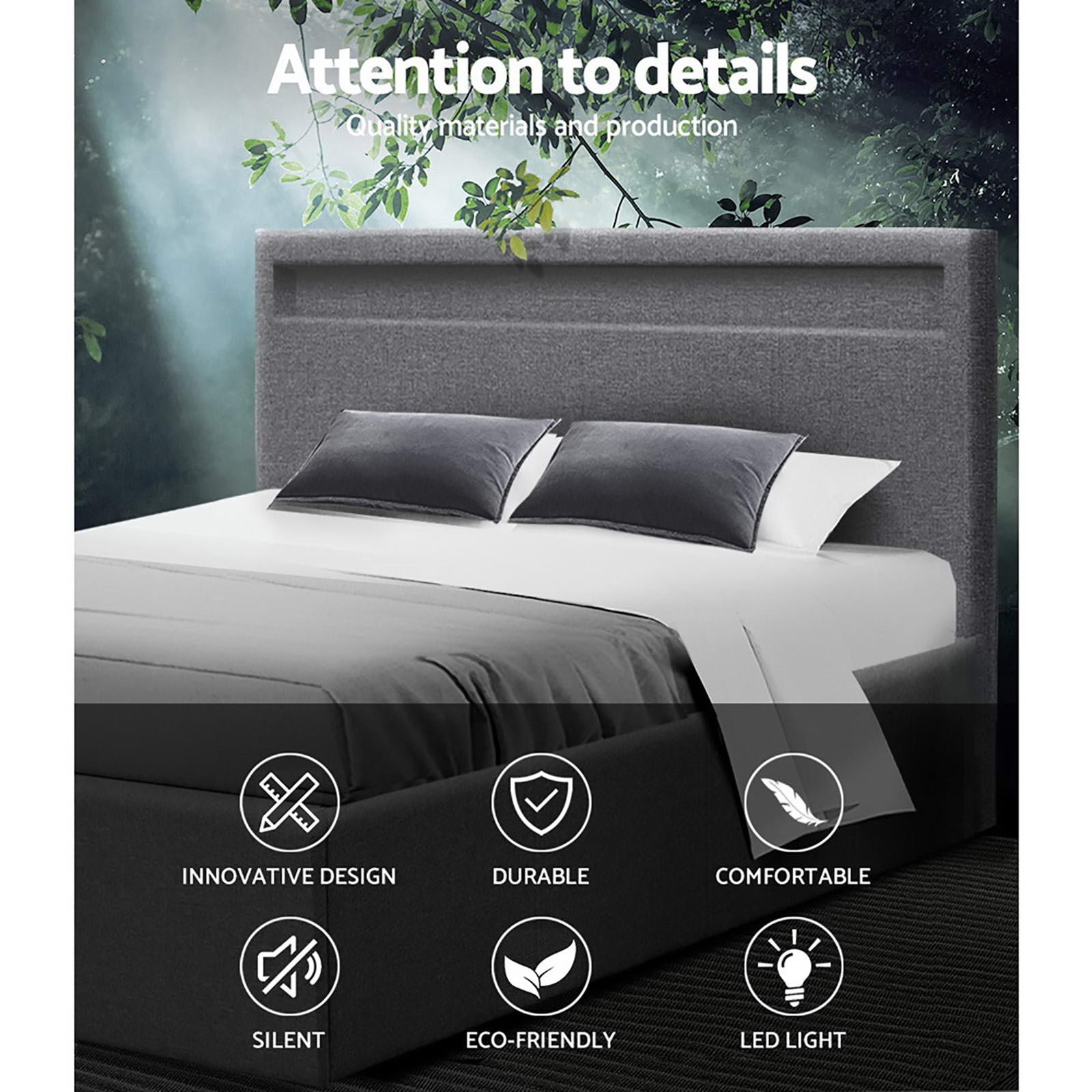 Double LED Gas Lift Storage Bed Frame with Linen Upholstery Grey