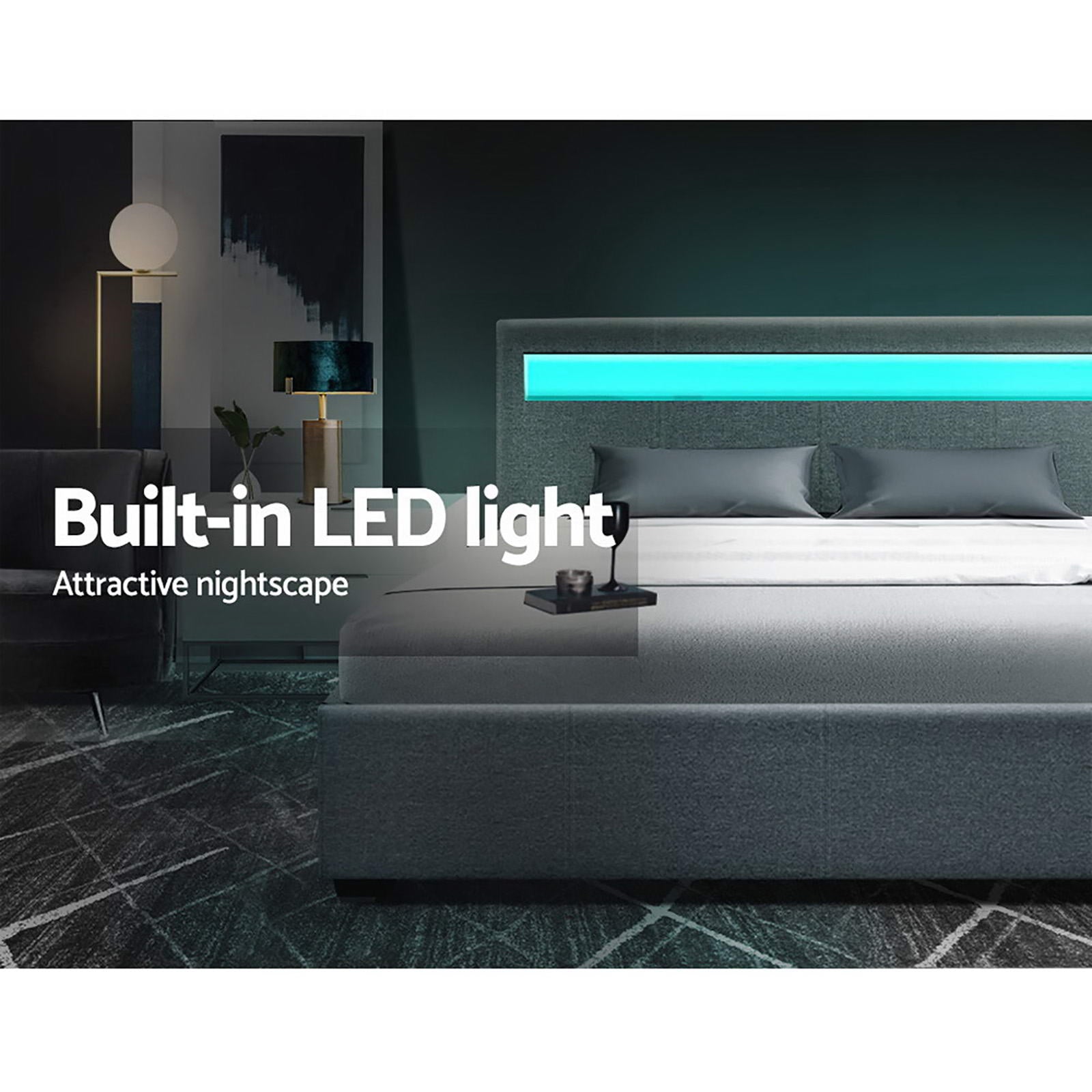 Double LED Gas Lift Storage Bed Frame with Linen Upholstery Grey