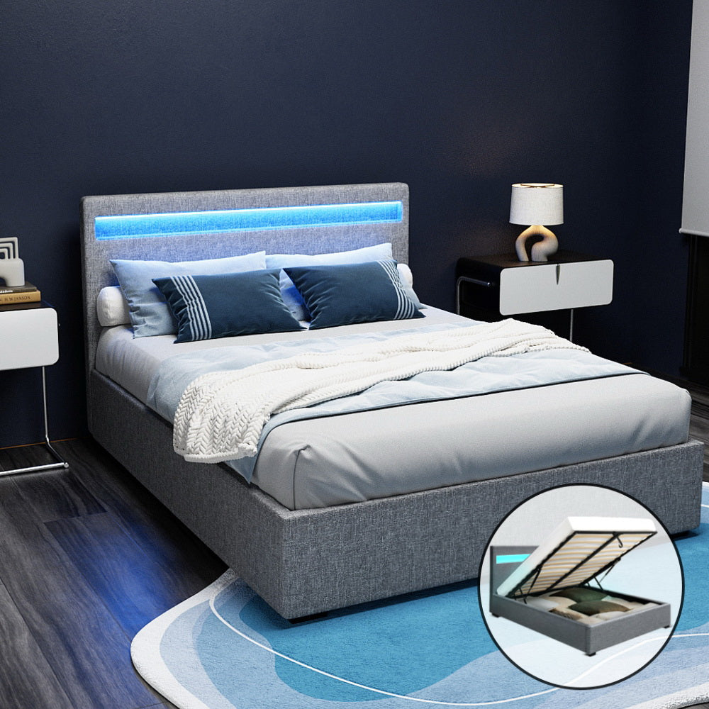 Double LED Gas Lift Storage Bed Frame with Linen Upholstery Grey