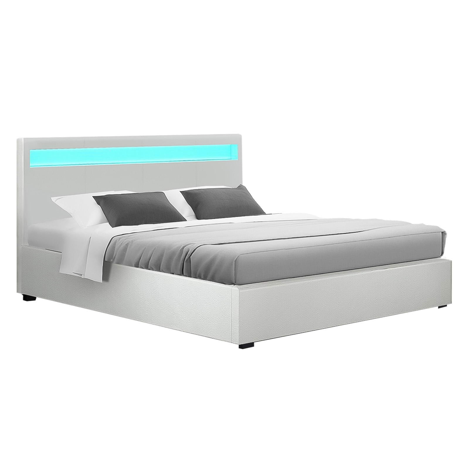 Bed Frame Double Size LED Gas Lift PVC Leather White