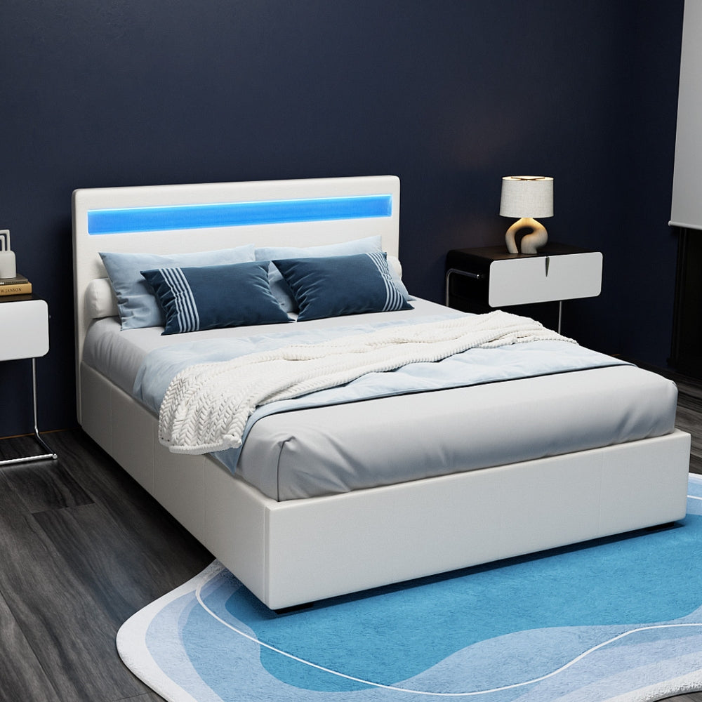 Bed Frame Double Size LED Gas Lift PVC Leather White