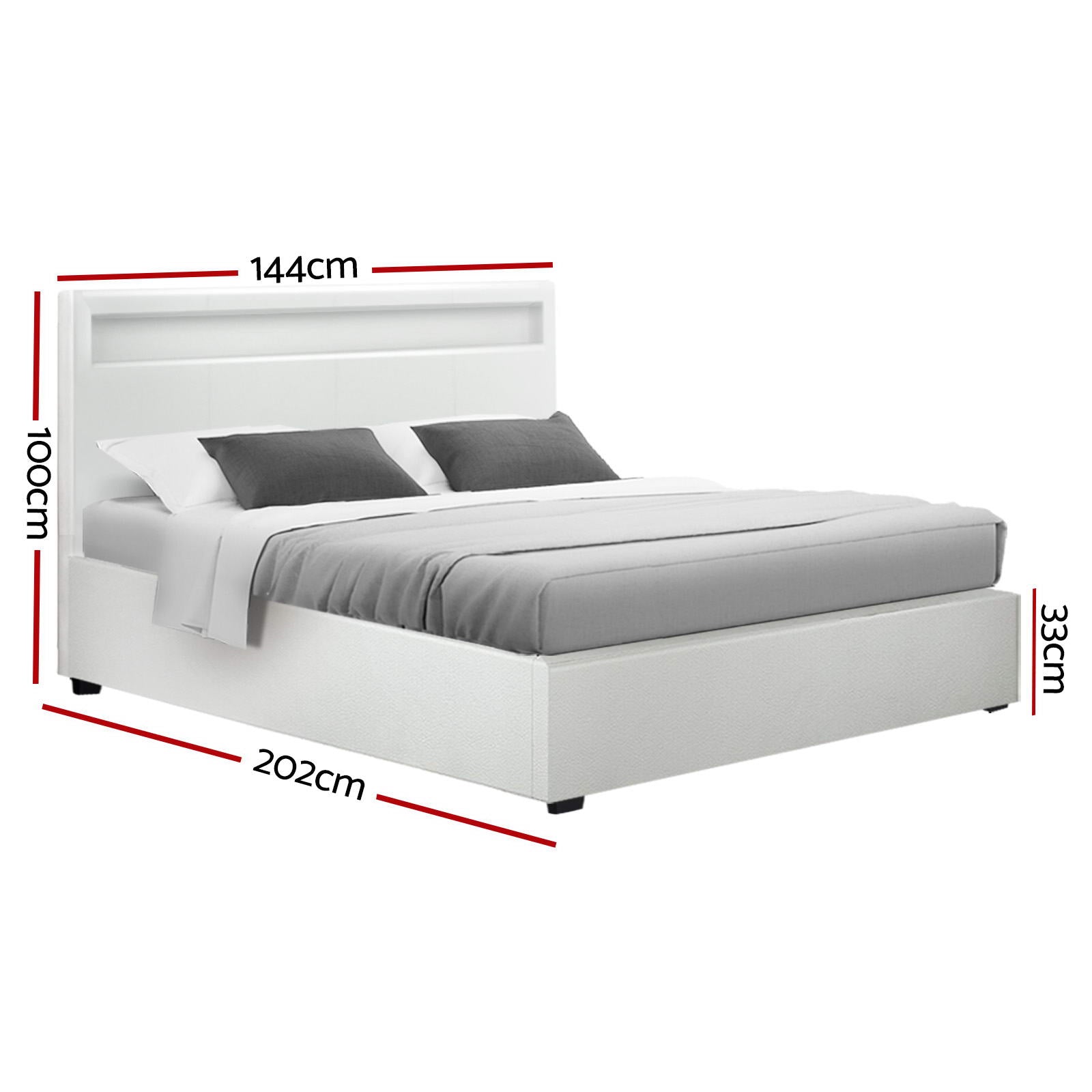 Bed Frame Double Size LED Gas Lift PVC Leather White