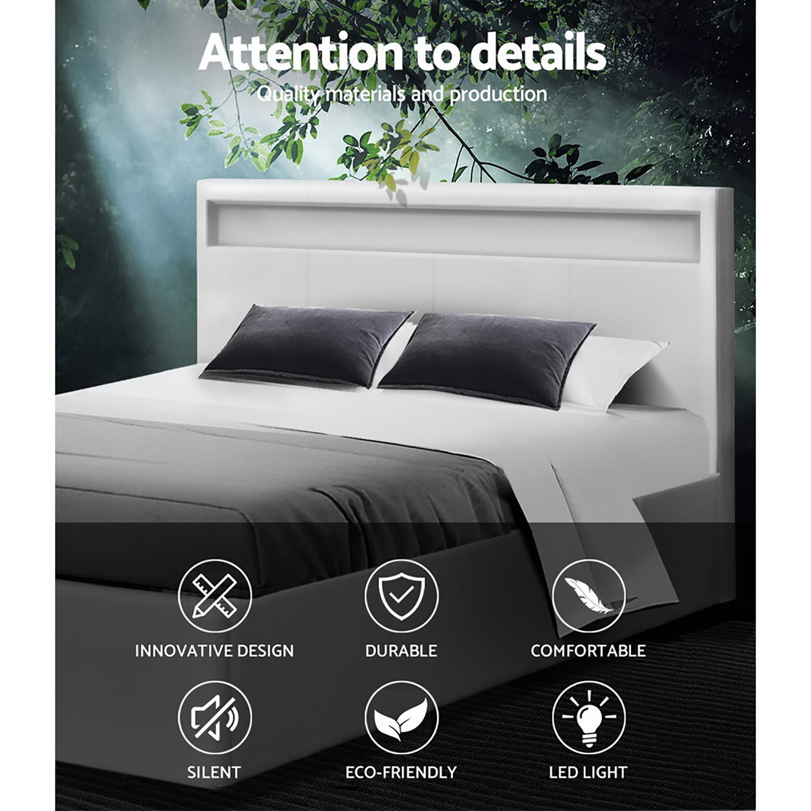 Bed Frame Double Size LED Gas Lift PVC Leather White