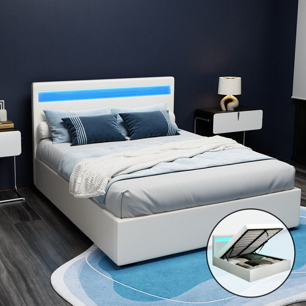 Bed Frame Double Size LED Gas Lift PVC Leather White