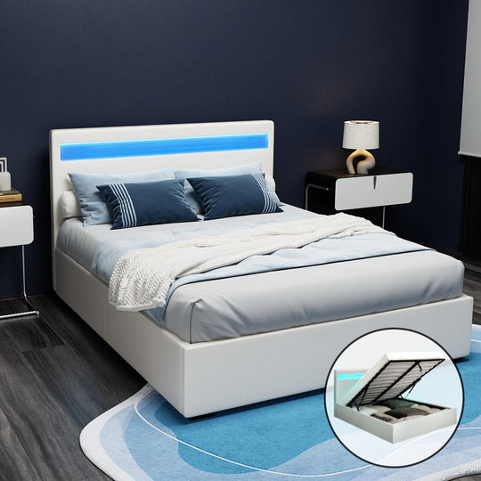 Bed Frame Double Size LED Gas Lift PVC Leather White - Artiss Full Base Storage
