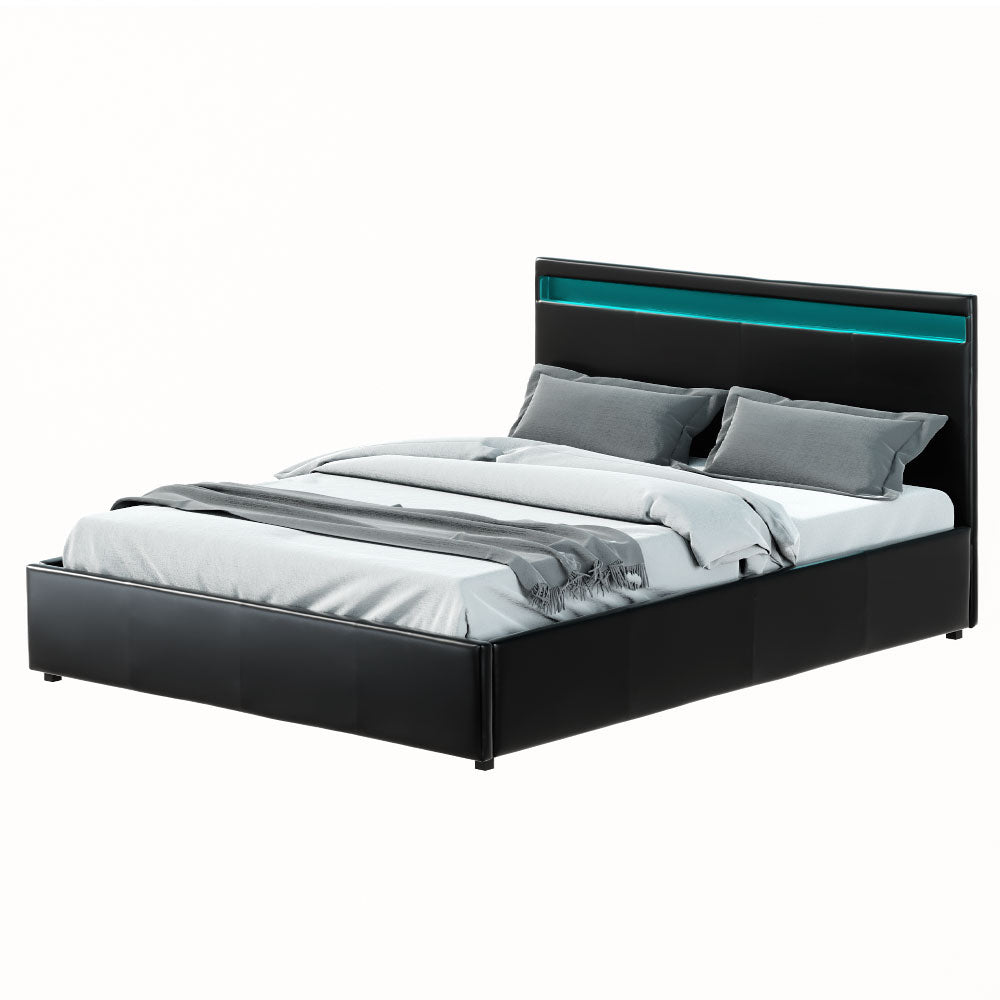 Queen Bed Frame LED Gas Lift Black PVC Leather Storage Bed