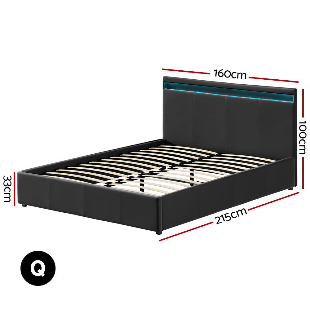 Queen Bed Frame LED Gas Lift Black PVC Leather Storage Bed