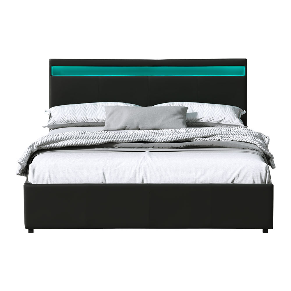Queen Bed Frame LED Gas Lift Black PVC Leather Storage Bed