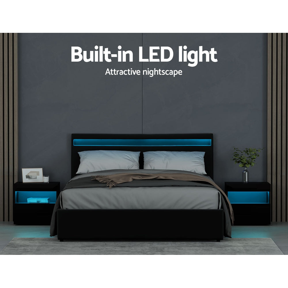 Queen Bed Frame LED Gas Lift Black PVC Leather Storage Bed