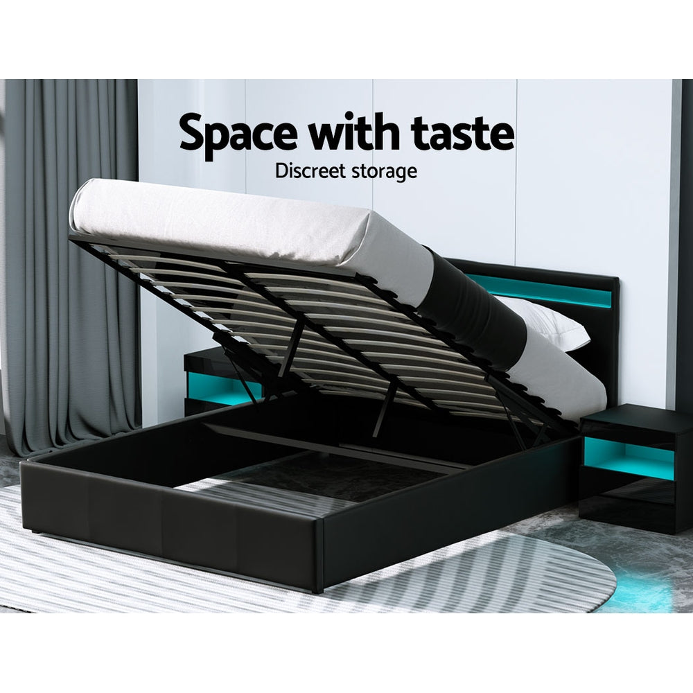 Queen Bed Frame LED Gas Lift Black PVC Leather Storage Bed