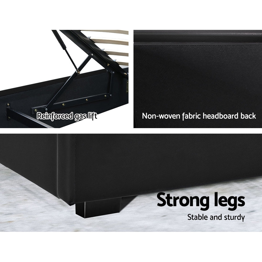 Queen Bed Frame LED Gas Lift Black PVC Leather Storage Bed