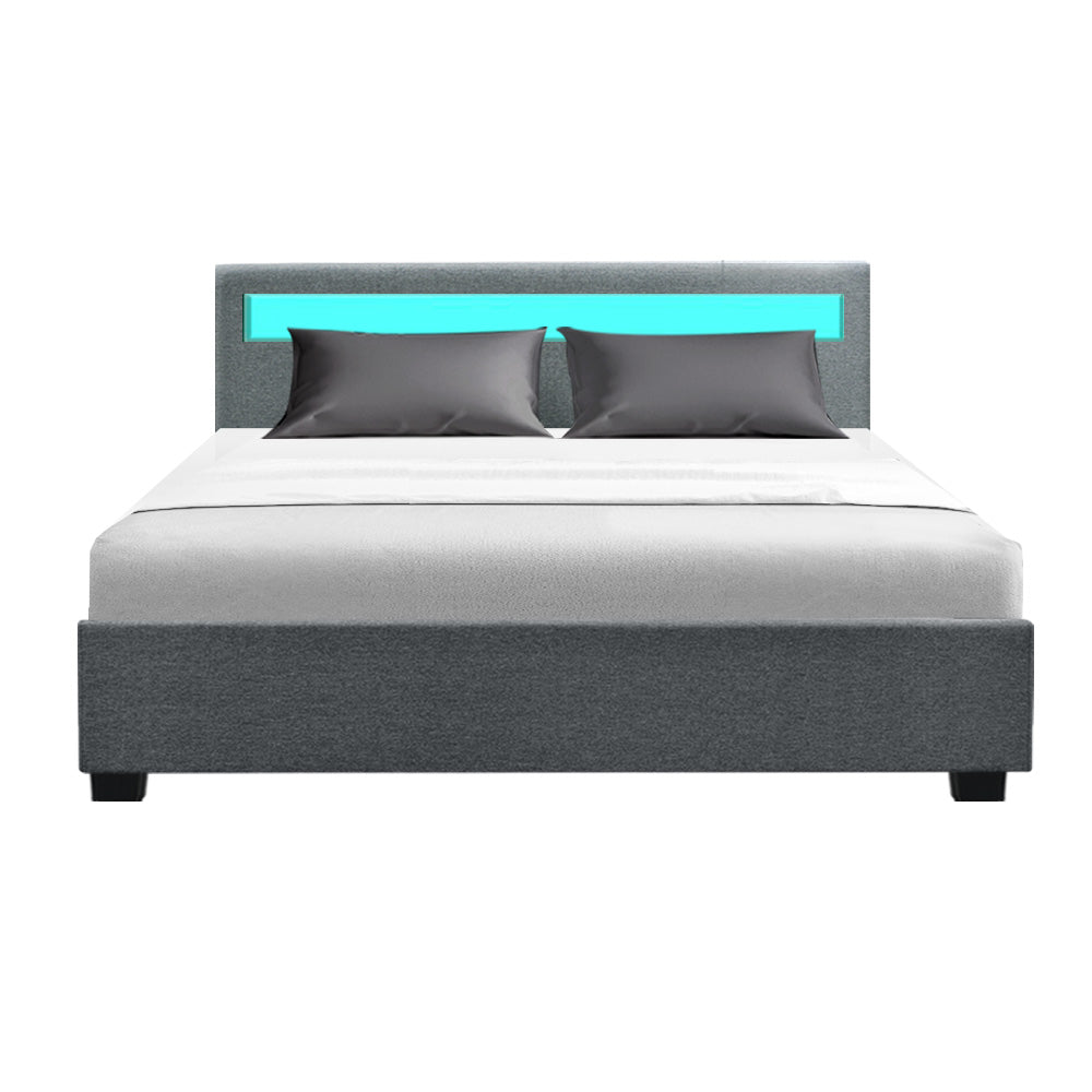 LED Bed Frame Queen Size Gas Lift Base With Storage Grey Fabric COLE