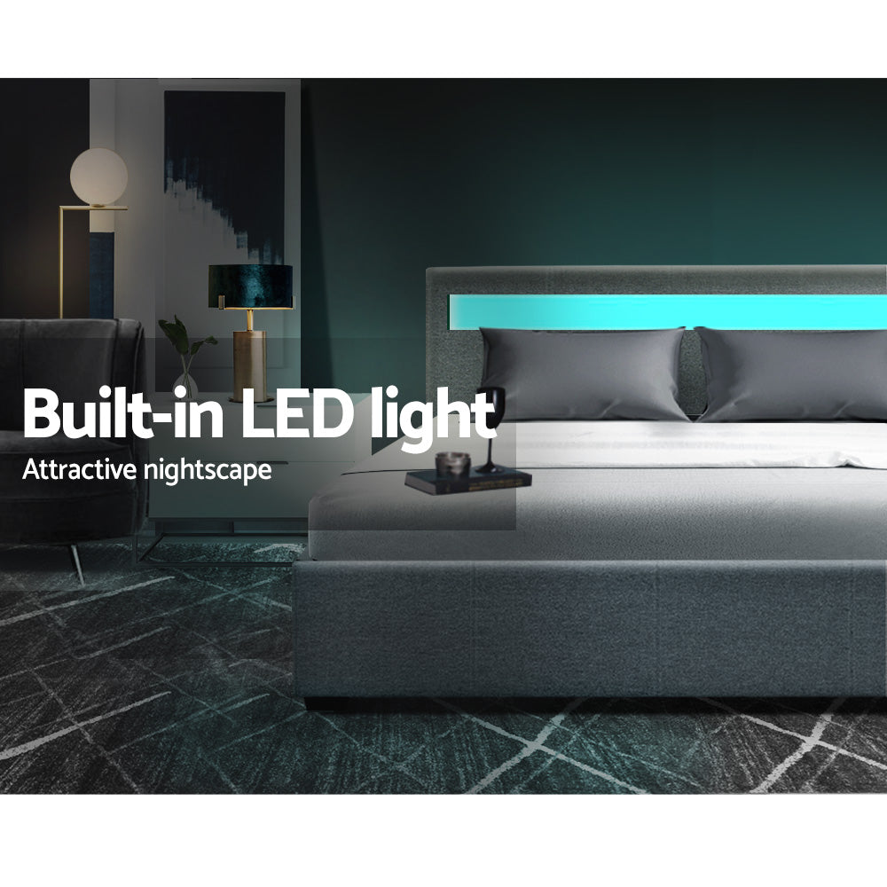 LED Bed Frame Queen Size Gas Lift Base With Storage Grey Fabric COLE