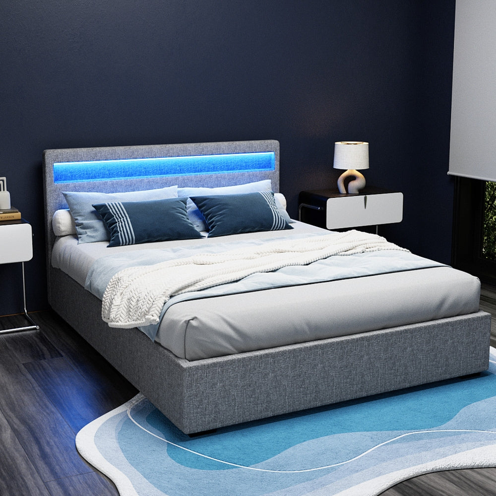 Queen LED Gas Lift Storage Bed Frame with Linen Upholstery Grey