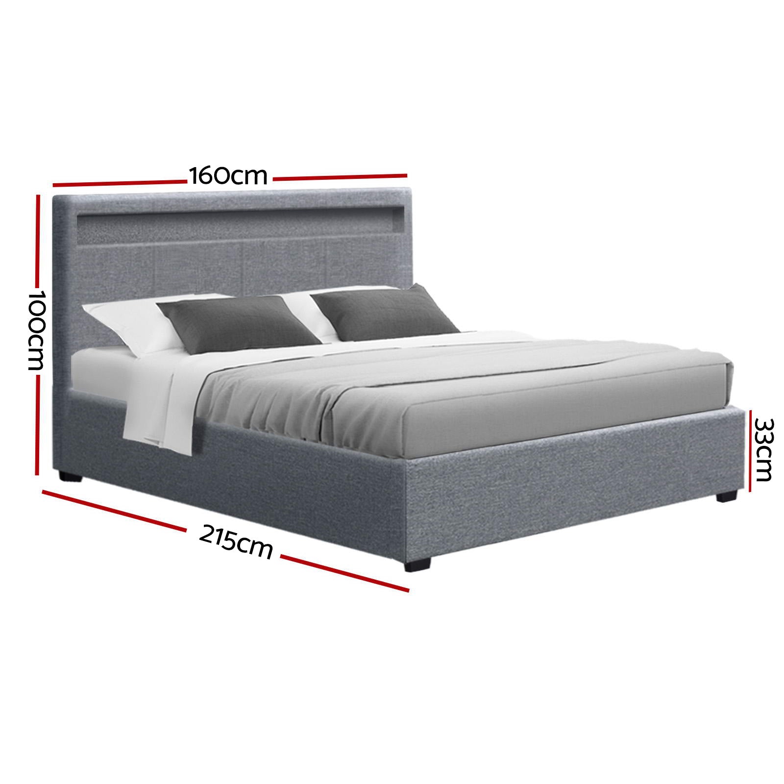 Queen LED Gas Lift Storage Bed Frame with Linen Upholstery Grey