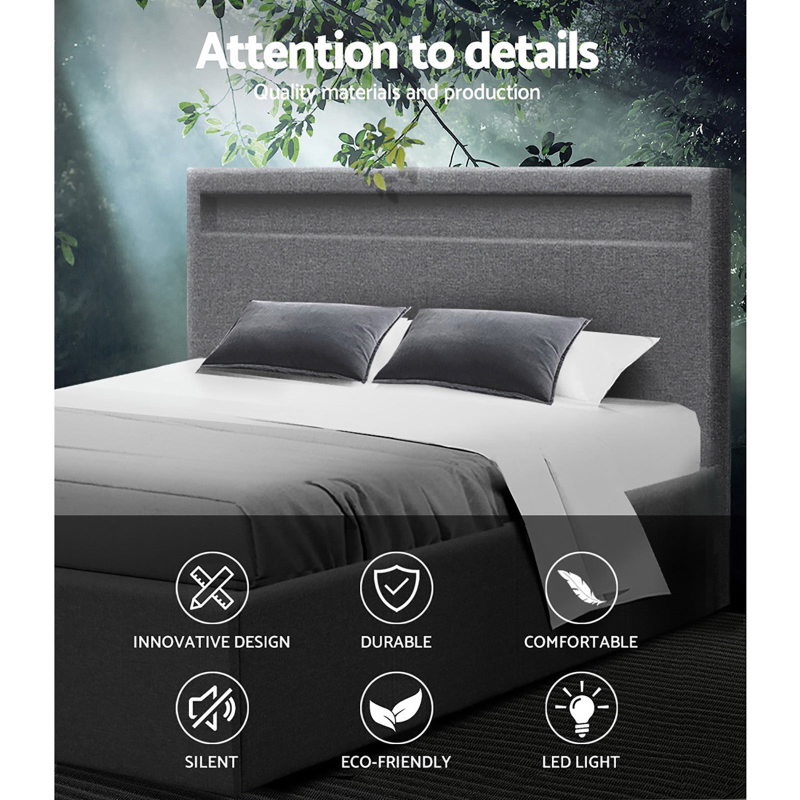 Queen LED Gas Lift Storage Bed Frame with Linen Upholstery Grey