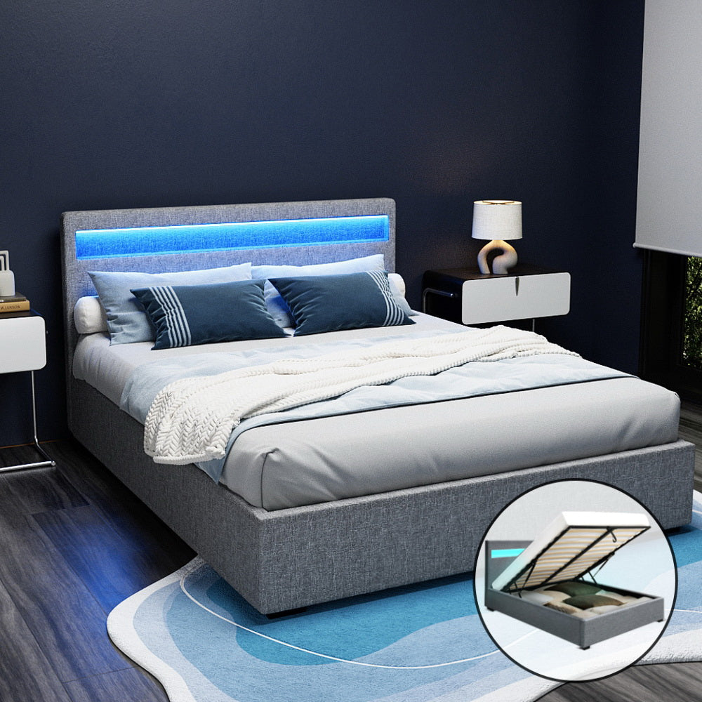 Grey LED gas lift queen bed