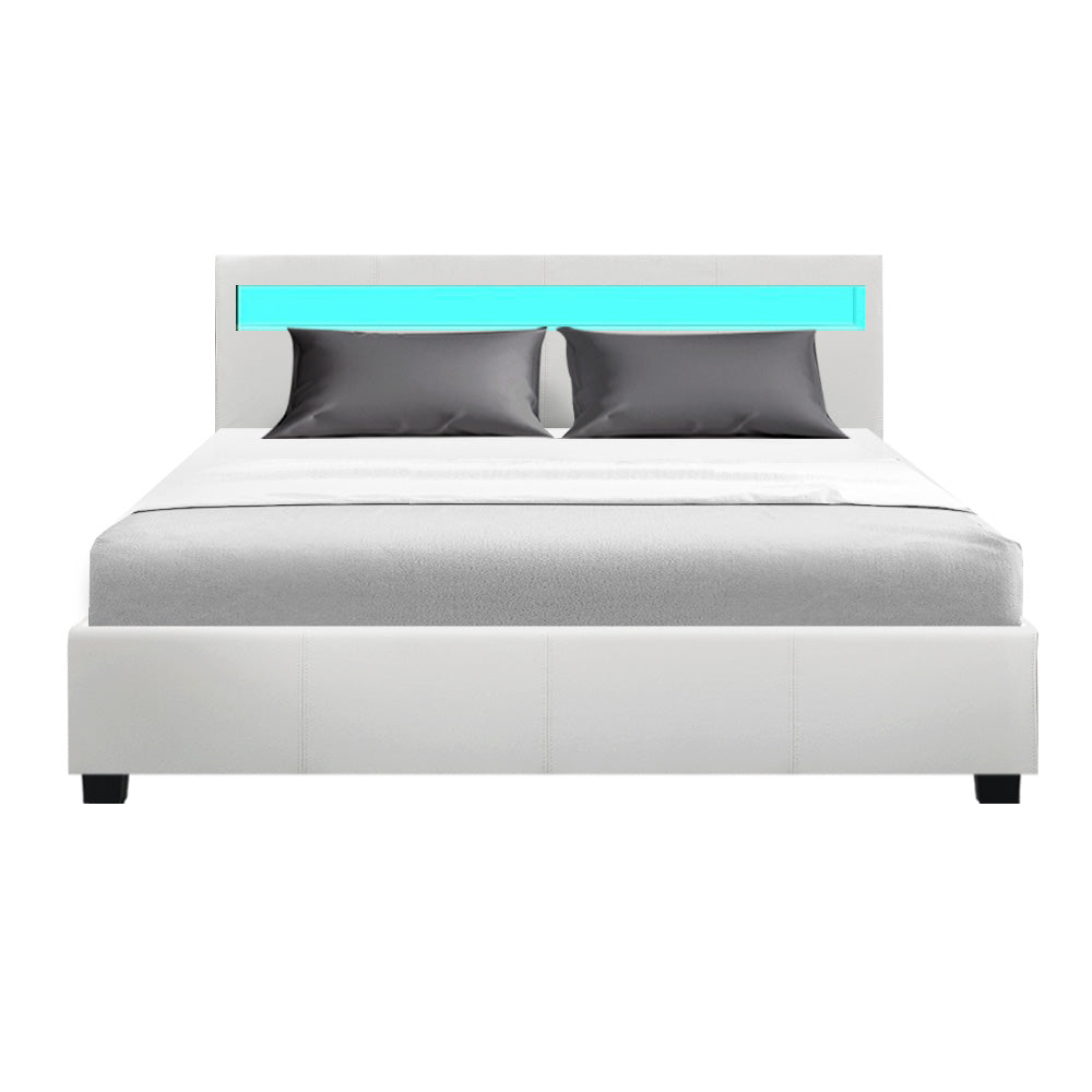 LED Bed Frame Queen Size Gas Lift Base With Storage White Leather