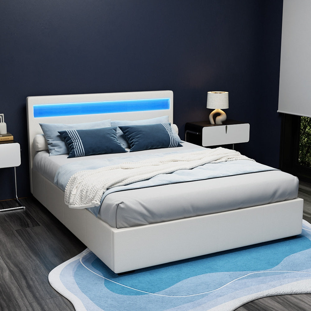 LED Queen Bed Frame White PVC Leather Gas Lift Storage Bed