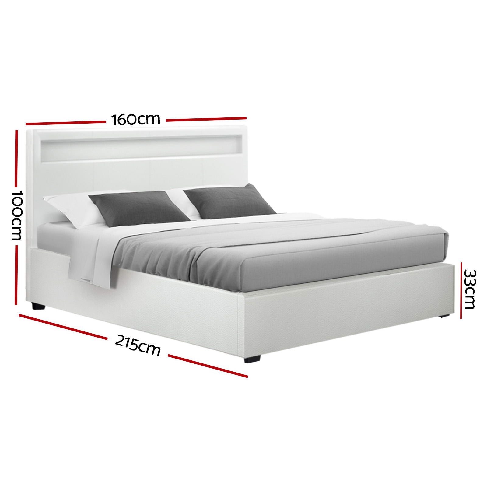 LED Queen Bed Frame White PVC Leather Gas Lift Storage Bed