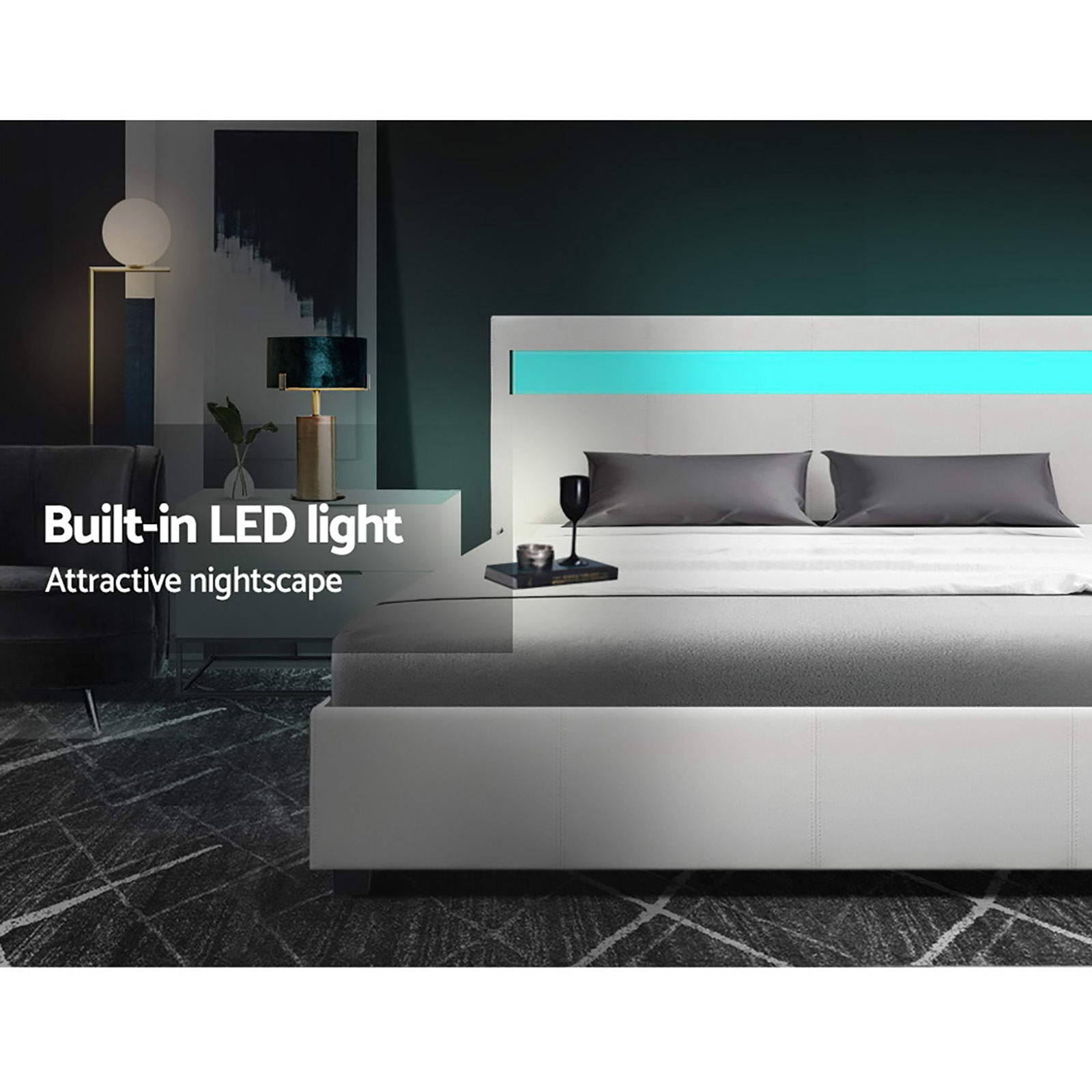 LED Queen Bed Frame White PVC Leather Gas Lift Storage Bed