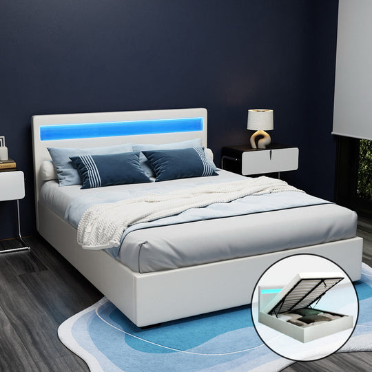 LED Queen Bed Frame White PVC Leather Gas Lift Storage Bed - Artiss Size Base Bframe
