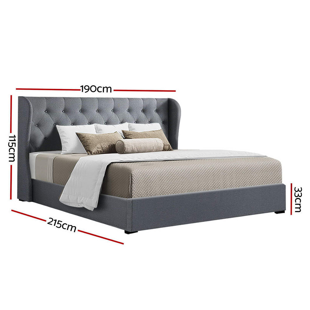 King Size Gas Lift Bed Frame Base With Storage Mattress Grey Fabric Wooden