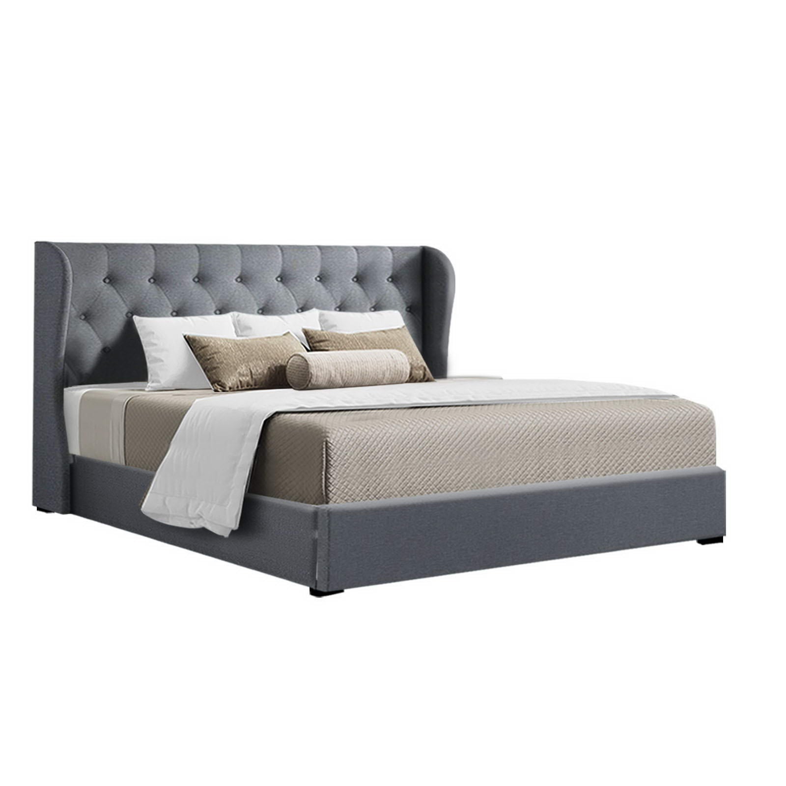 Bed Frame King Gas Lift Storage Grey Linen Tufted Headboard Steel Support