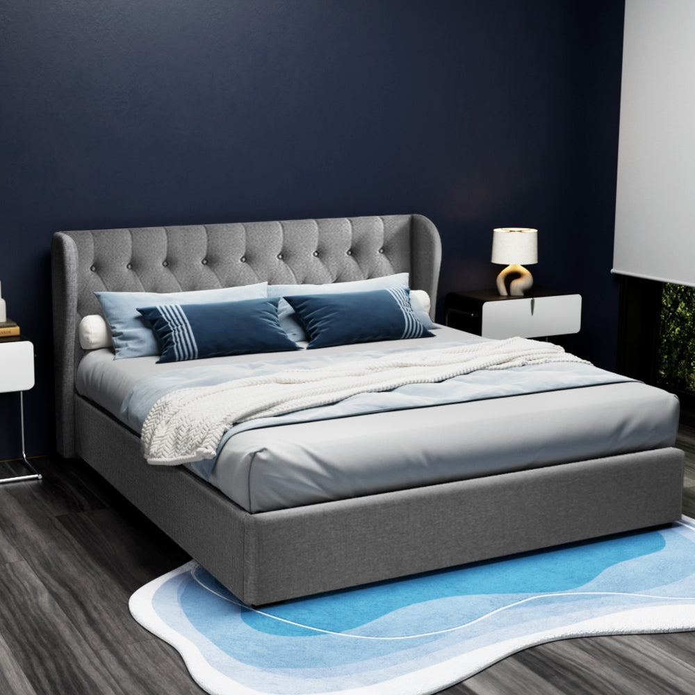 Bed Frame King Gas Lift Storage Grey Linen Tufted Headboard Steel Support