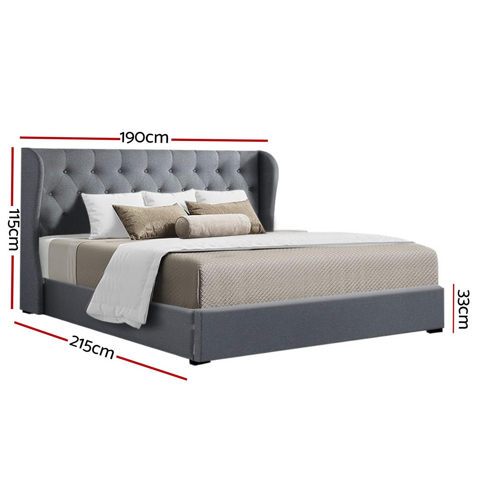 Bed Frame King Gas Lift Storage Grey Linen Tufted Headboard Steel Support