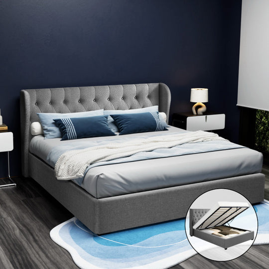 Bed Frame King Gas Lift Storage Grey Linen Tufted Headboard Steel Support - Artiss Size Base Mattress