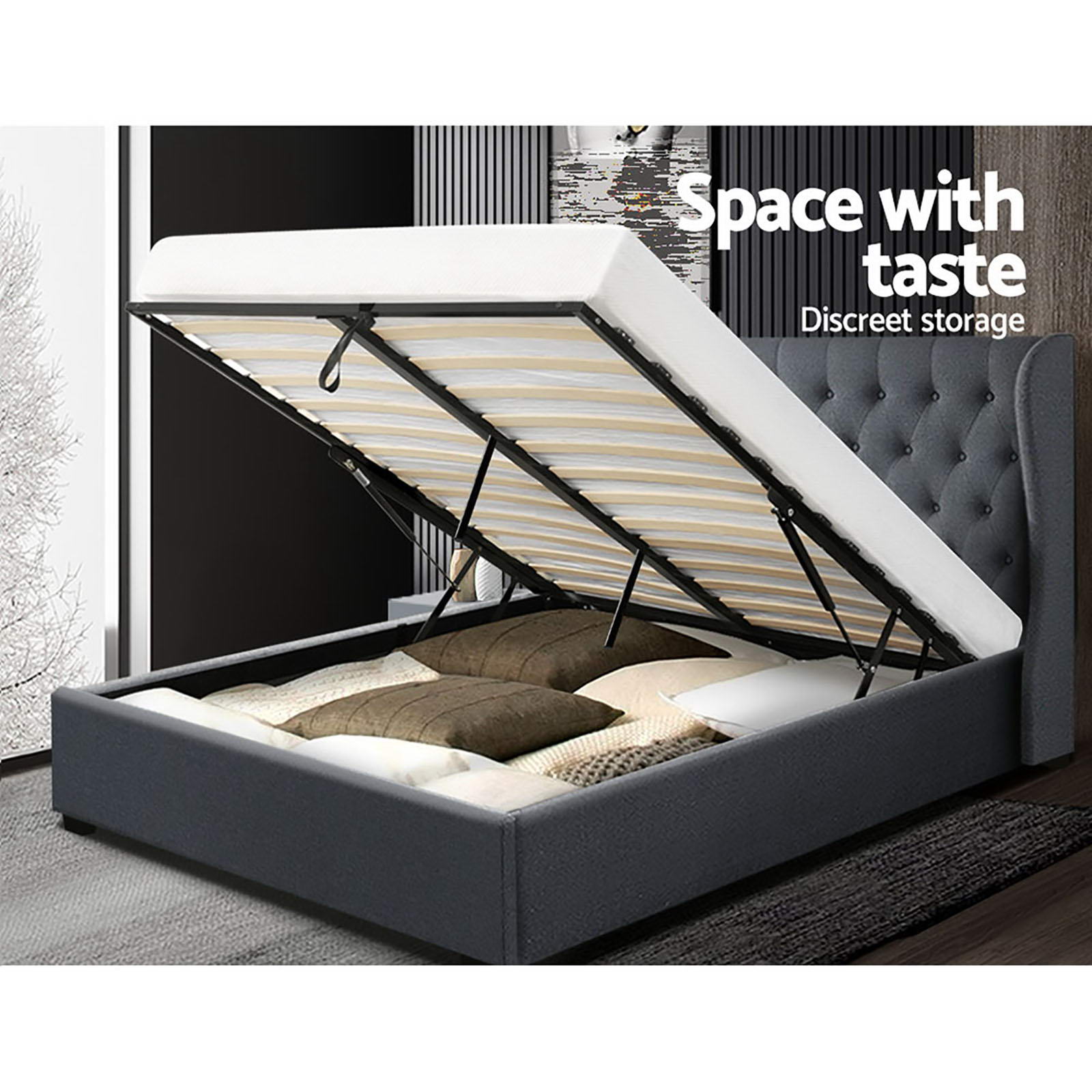 Bed Frame Queen Size Gas Lift Storage Charcoal