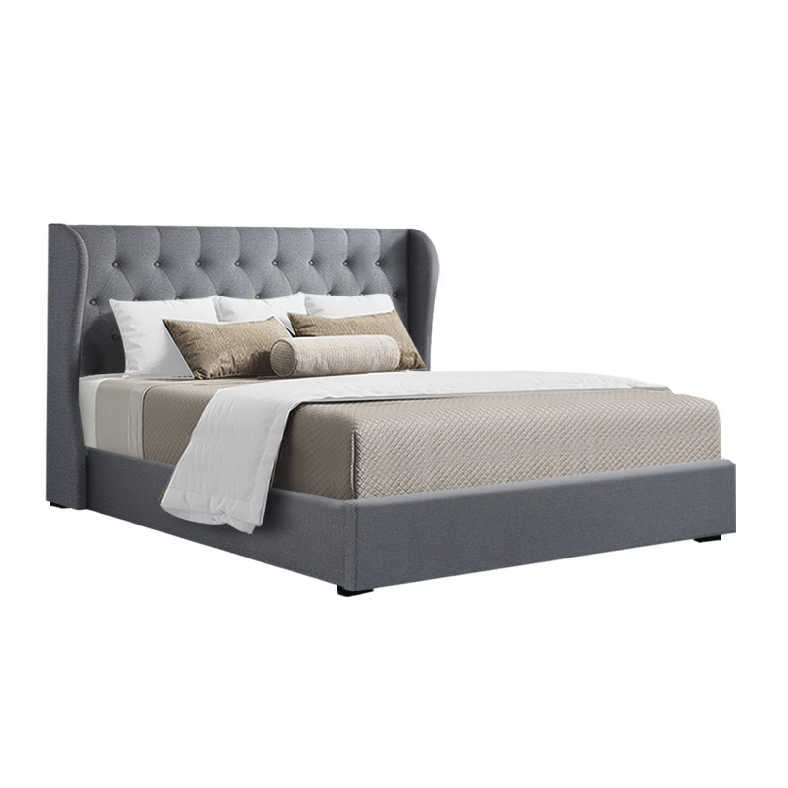 Bed Frame Queen Gas Lift Storage Grey Linen Tufted Headboard Steel Support