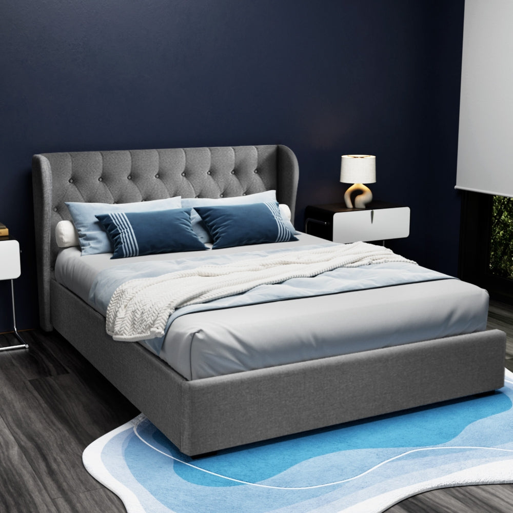 Bed Frame Queen Gas Lift Storage Grey Linen Tufted Headboard Steel Support