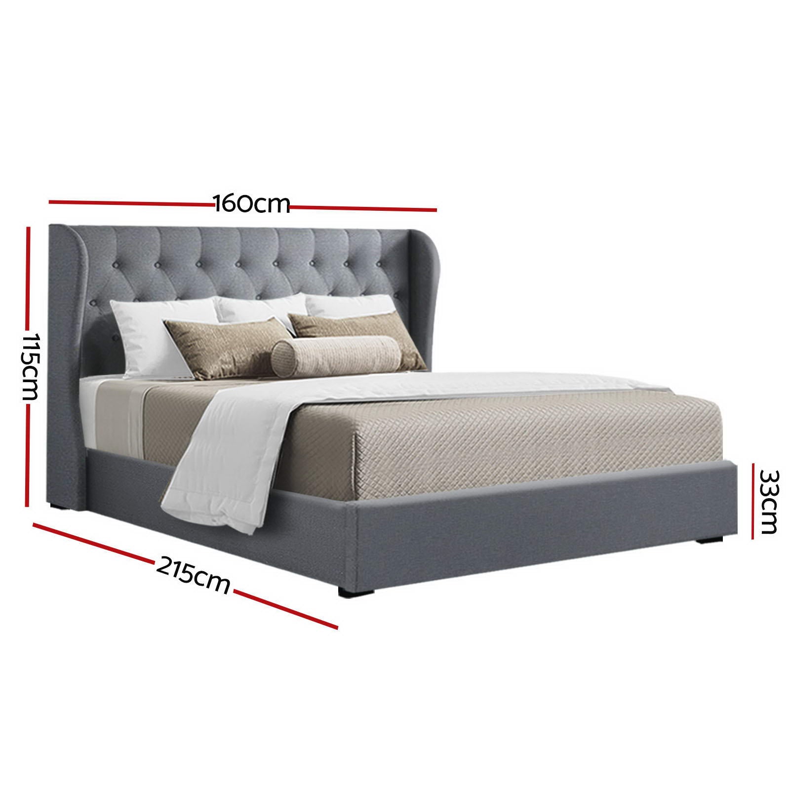 Bed Frame Queen Gas Lift Storage Grey Linen Tufted Headboard Steel Support